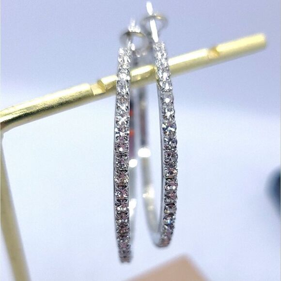 Rhinestone Pave Hoop Earrings Classic Wedding Prom Bridal Bride Jewelry Silver - Picture 5 of 6